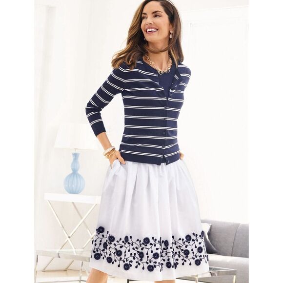 TALBOTS PLEATED FLORAL-BORDER SKIRT WHITE/BlUE WOMENS TWO POCKETS LINED SIZE 2 - Picture 1 of 10